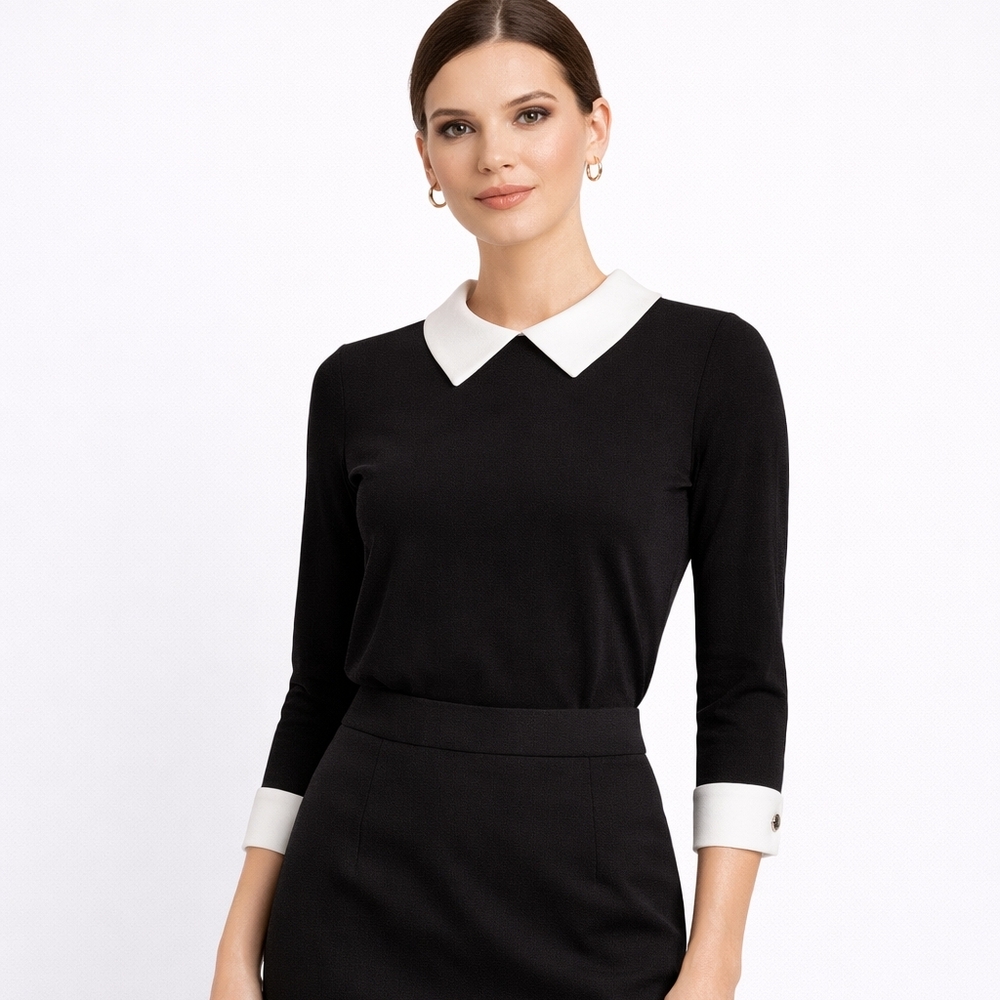 Calvin Klein Black Top with White Contrast Collar and Cuffs